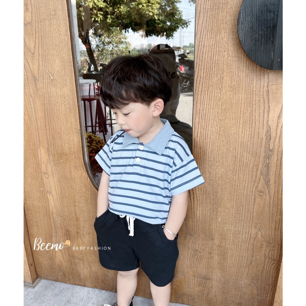 Bộ polo kẻ basic cho bé trai Beemo,Chất liệu cotton xuất dư mềm mịn, thấm hút mồ hôi B274