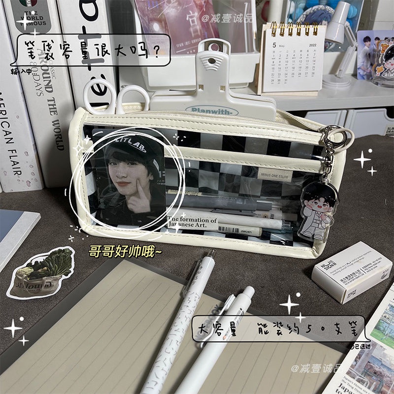 Túi Đựng Bút Chì Kẻ Ô Màu Trắng Đen Dung Tích Lớn Phong Cách Nhật Bản