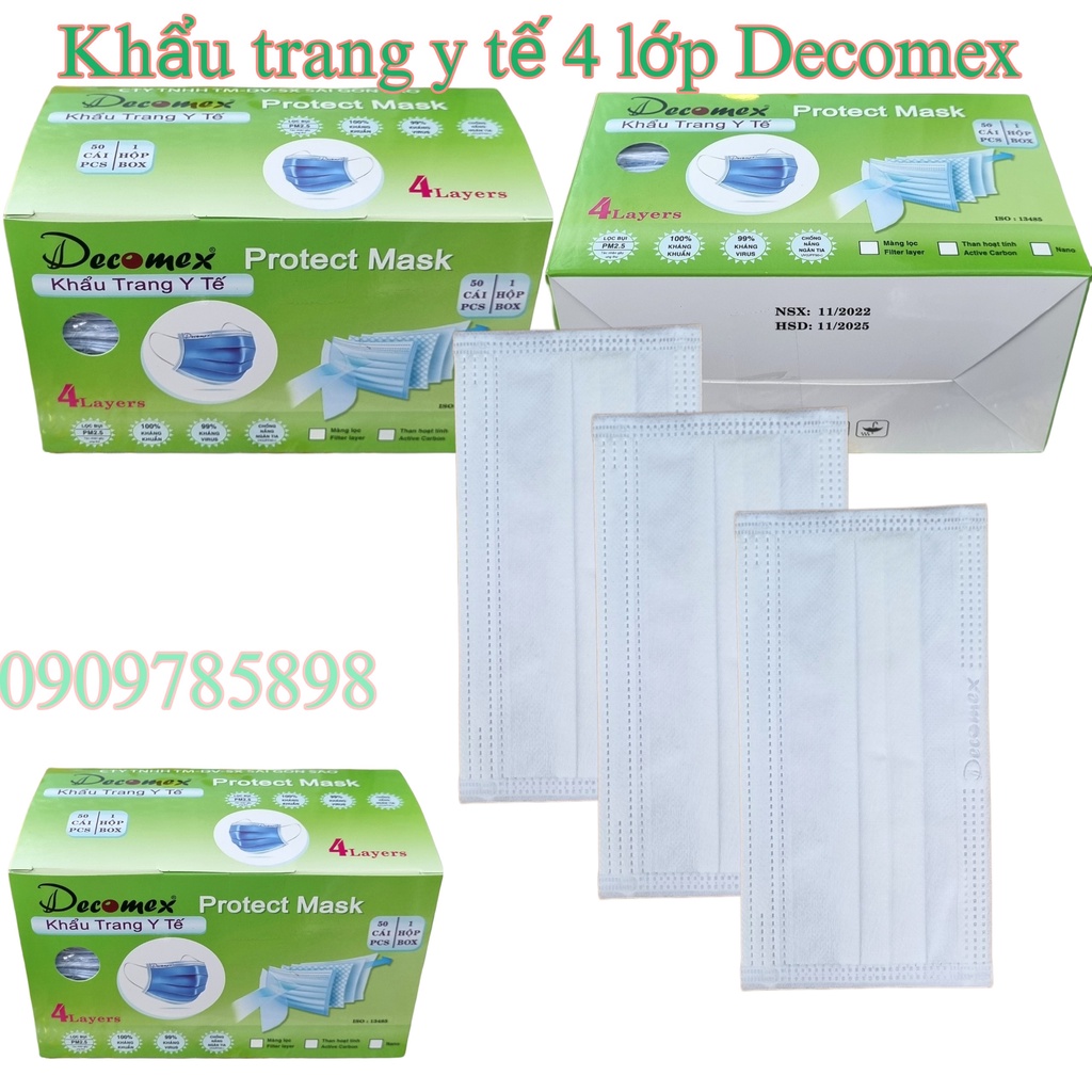 [Hộp 50 cái] Khẩu trang y tế 4 lớp, Decomex có các màu trắng, xám, xanh( có chứng từ y tế)