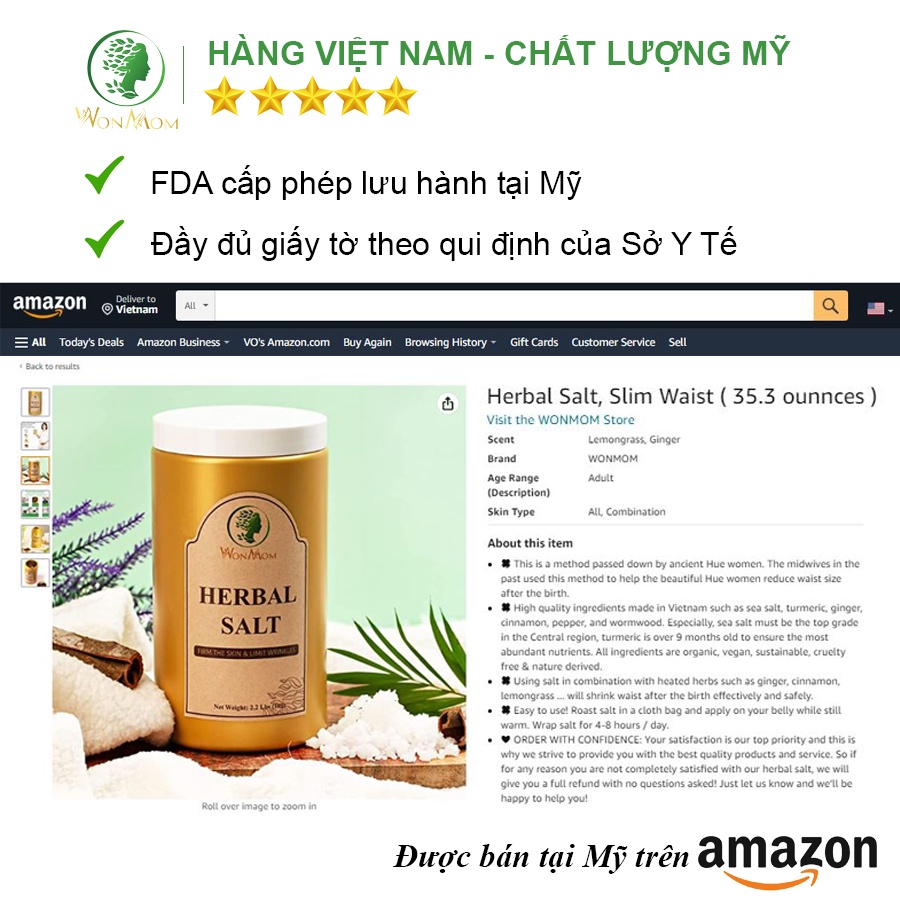 [ Giảm 50K - Đơn 459K ] Liệu trình giảm eo sau sinh dưới 3 tháng WonMom ( Bộ 2 Hộp muối quấn bụng )