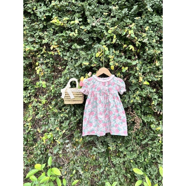 Váy bé gái, có tay, họa tiết hoa hồng vintage , chất thô cotton mềm thấm hút mồ hôi