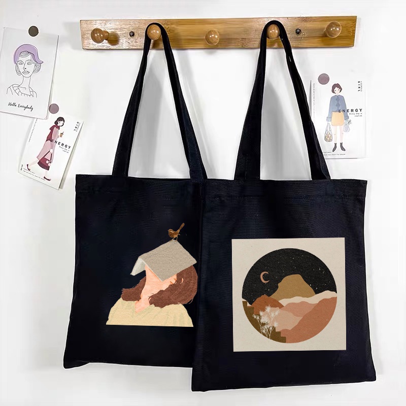 Aesthetic Art Túi Tote Canvas Màu Đen In Họa Tiết Nghệ Thuật Cho Học Sinh Frends