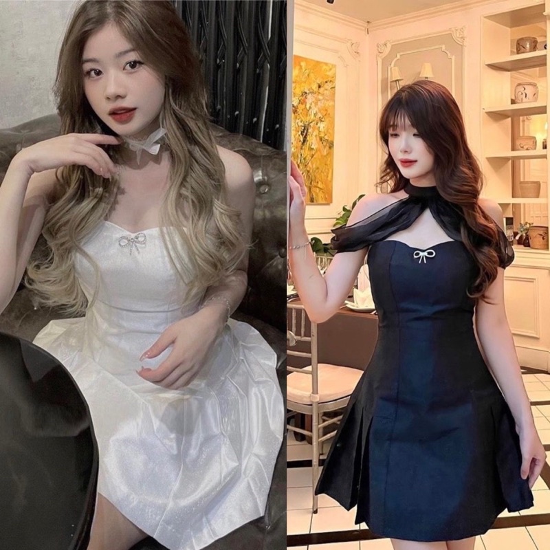 Đầm ông cúp ngực đính đá kèm chocker voan cổ