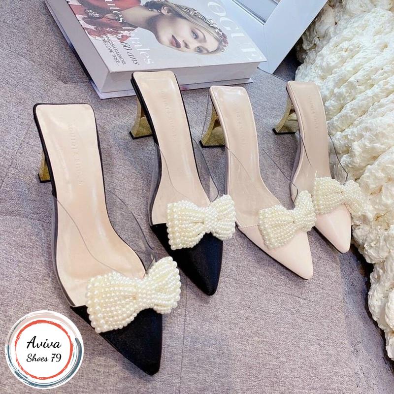 Sục mũi nhọn 5cm quai nơ gót mạ vàng siêu sang chảnh