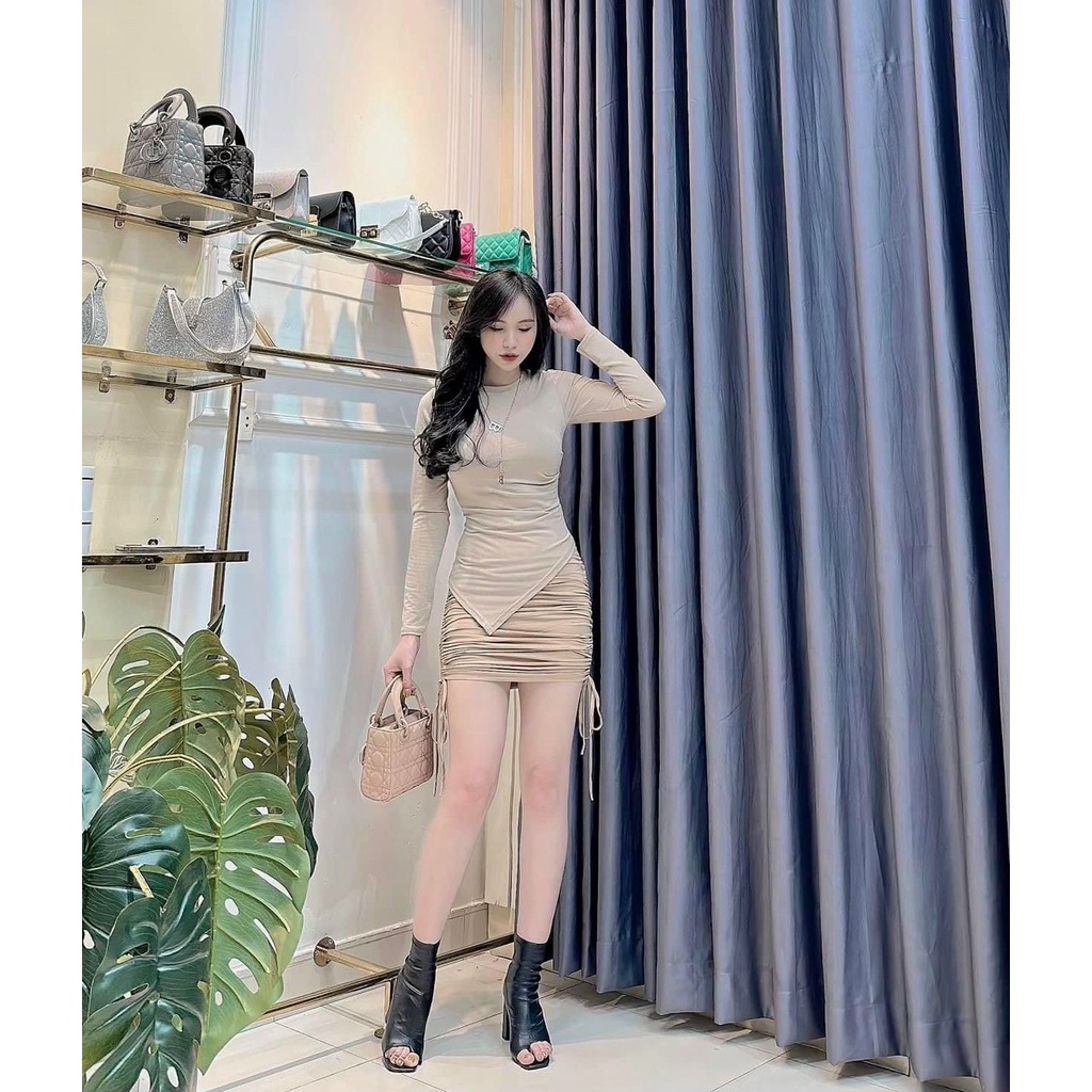 [3.3 Sales Freeship]Set áo thun trơn tay dài cổ tròn vạt trước phối chân váy ngắn rút dây ôm body đi chơi tôn dáng, sexy