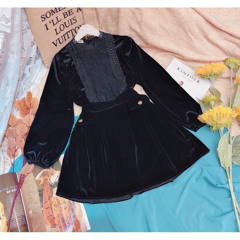 Set áo ren và chân váy nhung, có clip