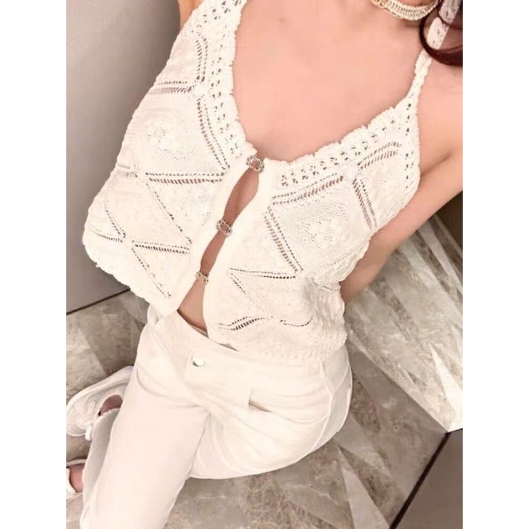 Áo Dệt Kim Hai Dây Phối Nút In Chữ Blackpink jennie Thời Trang Gợi Cảm