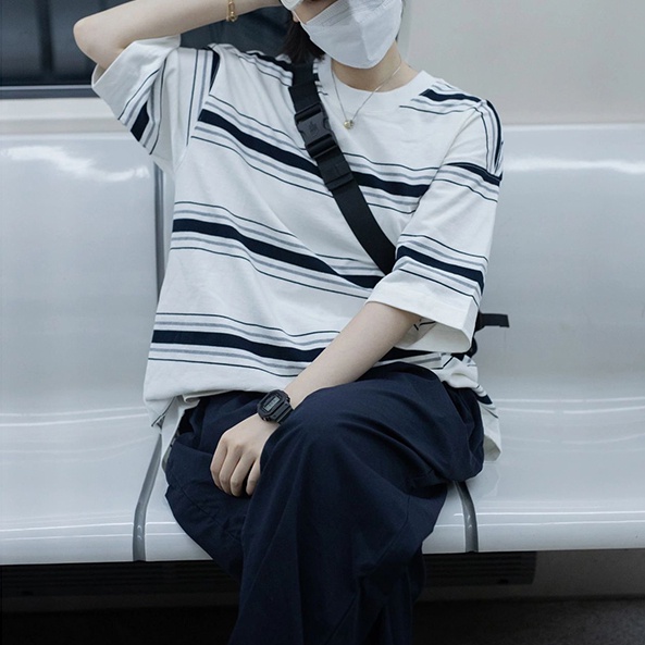 SUXI Áo Thun Tay Ngắn Dáng Rộng Họa Tiết Kẻ Sọc Thời Trang Vintage Dễ Phối Đồ Cho Nữ