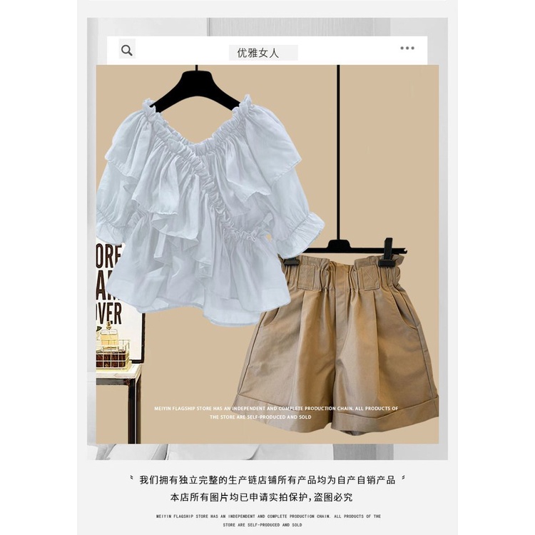Áo Sơ Mi Chiffon Cổ Chữ V Phối Bèo + Quần Short Thời Trang Mùa Hè Phong Cách Pháp Cho Nữ