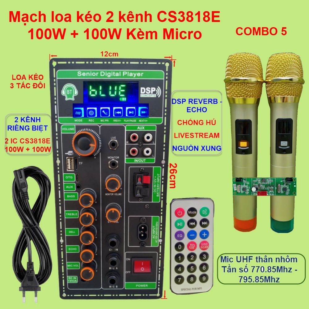 Mạch loa kéo 2 kênh Livestream DSP Reverb – Echo Chống hú 2 IC CS3818E 100W + 100W – Loa kéo 3 tấc đôi kèm Micro