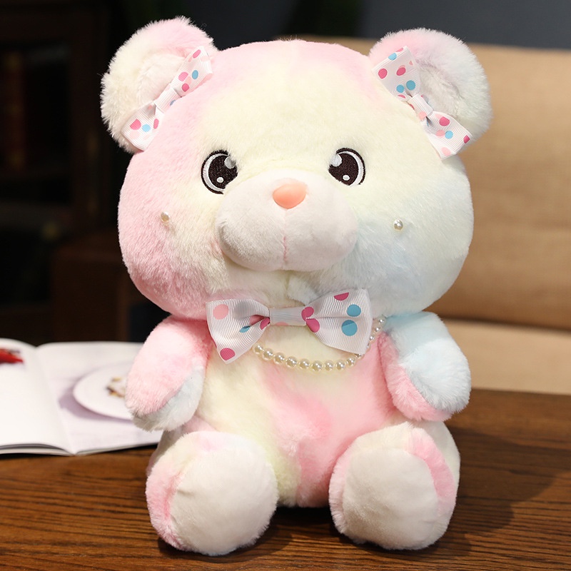 Thú Nhồi Bông Hình Gấu Thắt Nơ Màu Nhuộm Ngọc Trai Cho Bé