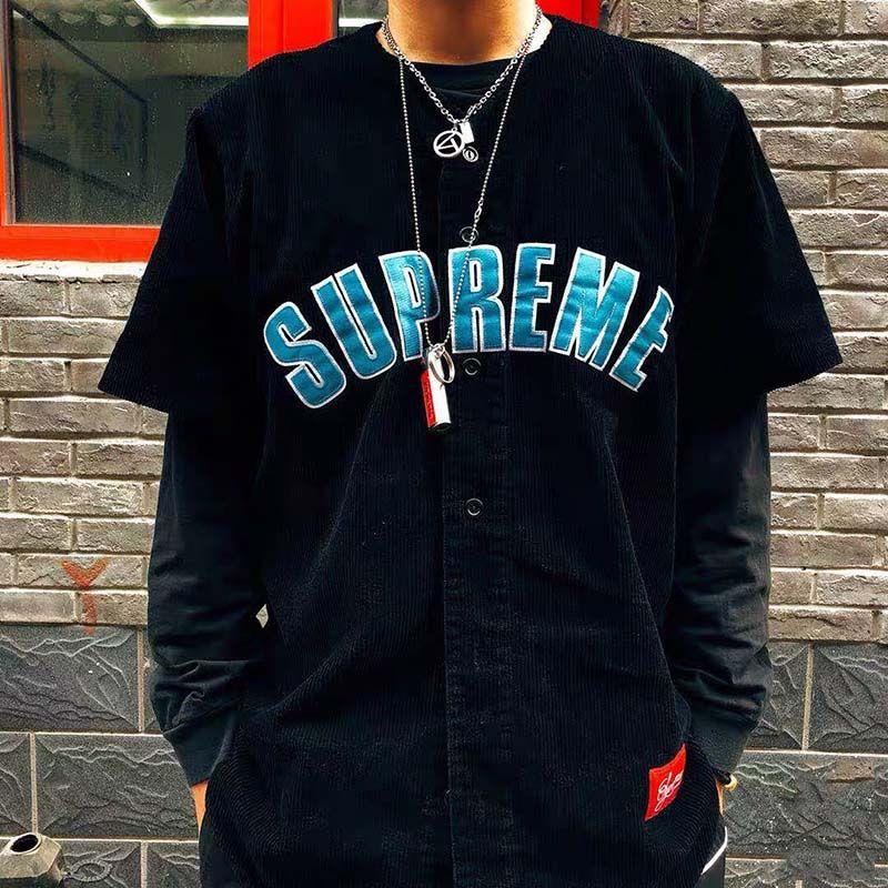 Áo Khoác Bóng Chày Vải Nhung Tay Ngắn Thêu Chữ Supreme Phong Cách Hip Hop