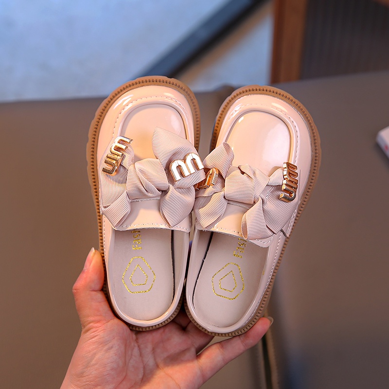 Dép Da Mũi Tròn Đính Nơ Chống Trượt Thời Trang Xuân Hè 2023 Cho Bé Gái