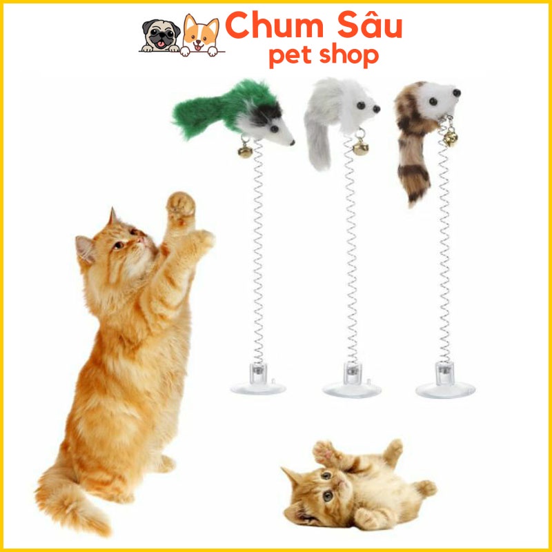 Chuột lò xo đế hít, đồ chơi cần câu tự tương tác cho mèo