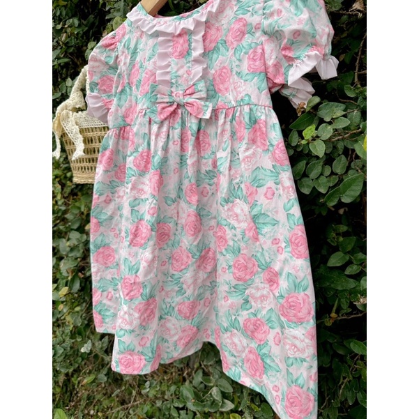 Váy bé gái, có tay, họa tiết hoa hồng vintage , chất thô cotton mềm thấm hút mồ hôi