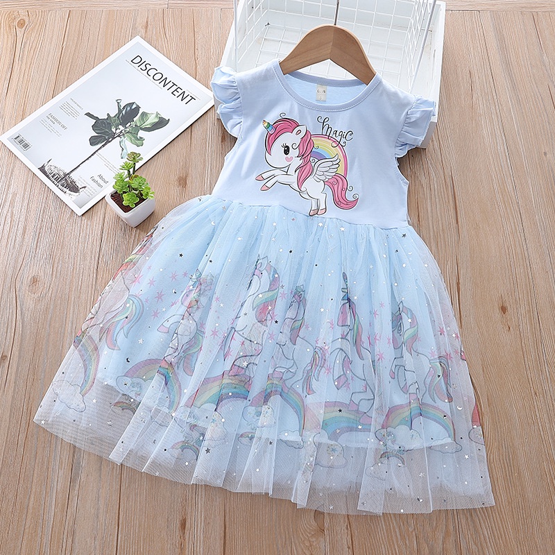 Đầm công chúa IQ ANGEL tay ngắn bằng vải cotton in họa tiết kỳ lân dành cho bé gái