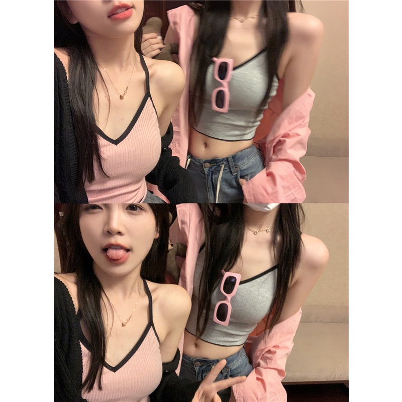 Porozi  Pure desire Spice girl Áo Dệt Kim Hai Dây Cổ Chữ V Dáng Ngắn Ôm Sát Màu match Ngọt Ngào Thời Trang Mùa Hè Dành Cho Bạn Nữ Mặc Ngoài Trời