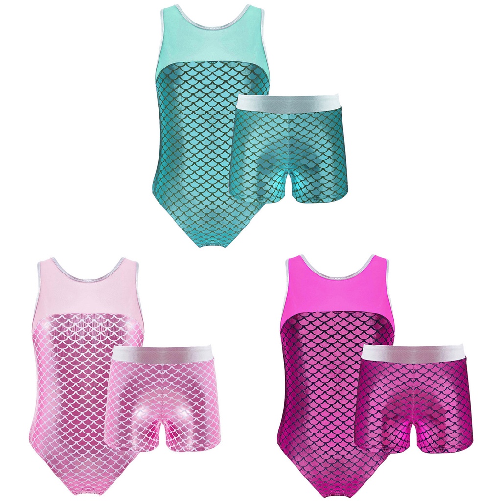 Set Đồ Thể Thao Gồm Áo Ba Lỗ Hở Lưng Và Quần Short Họa Tiết Vảy Cá Phối Lưới Cho Bé Gái