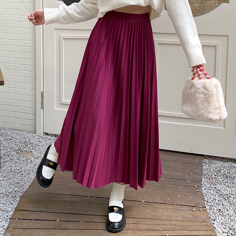 SUXI Chân Váy Chữ A Lưng Cao Xếp Ly Màu Sắc Trơn Phong Cách Hàn Quốc Thời Trang Cho Nữ