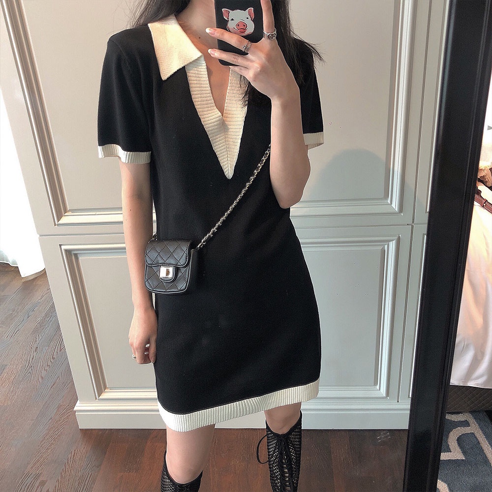 Đầm Thun Dệt Kim Đen Cổ Polo Tay Ngắn Dáng Rộng Kiểu Pháp Thời Trang Xuân Hè