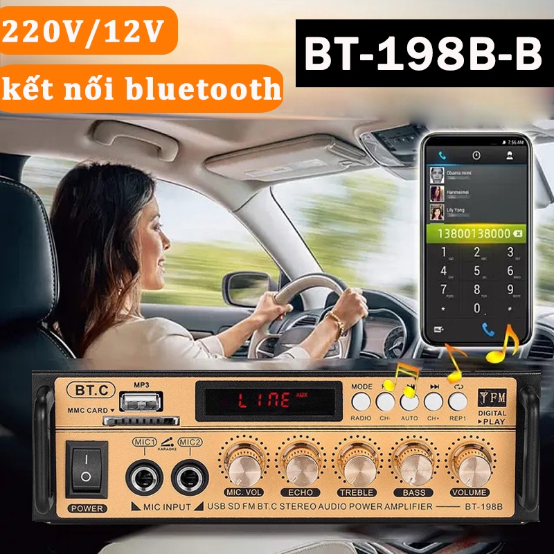 Amply karaoke-Âm ly mini bluetooth+Ghi Âm BT198B-B 600W，Amply mini xe hơi đa chức,Hát karaoke kết nối không dây bluetooh