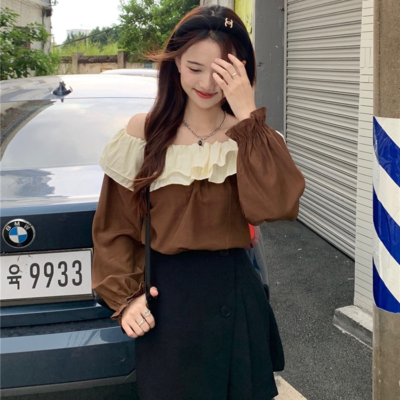 IELGY Áo Kiểu Trễ Vai Phối Bèo Phong Cách Pháp Thời Trang Cho Nữ