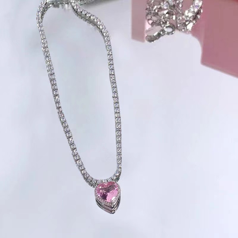 Vòng cổ Mạ Bạc Mặt Trái Tim Đính Đá Zircon Hồng Lấp Lánh