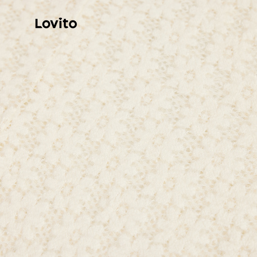 Áo thun Lovito cổ xếp nếp thêu viền lỗ họa tiết rỗng màu trơn phong cách thường ngày dành cho nữ L41AD022 (trắng ngà)