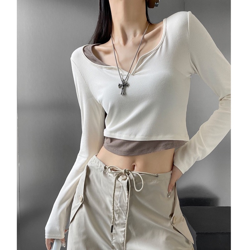 Áo Thun Tay Dài Giả Hai Lớp Màu Sắc Tương Phản Phong Cách Hàn Quốc