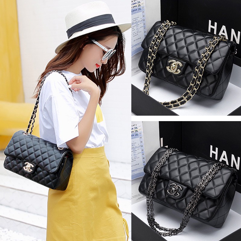 Túi kẹp nách đeo chéo dây xích cao cấp hai màu đen be size 18/25