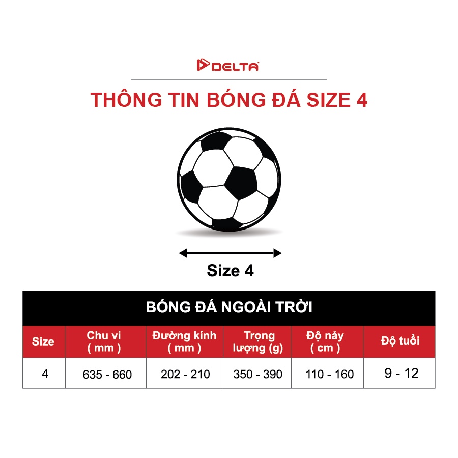 Bóng đá cờ Việt Nam DELTA 9609-4M size 4 chất liệu da TPU tổng hợp, chơi trên sân cỏ nhân tạo sử dụng cho 9 - 12 tuổi