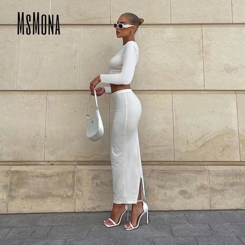 MsMona Bộ Đồ Áo Tay Dài Cổ Tròn Và Quần Lưng Thấp Màu Trơn Thời Trang 2023 Dành Cho Nữ