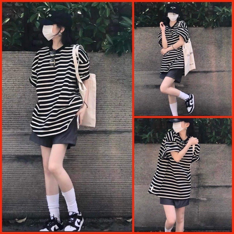 Bộ Thun Kẻ Đen Quần Short Nữ [FREESHIP]  Set áo phông tay lỡ kèm quần đùi kaki form oversize Ulzzang