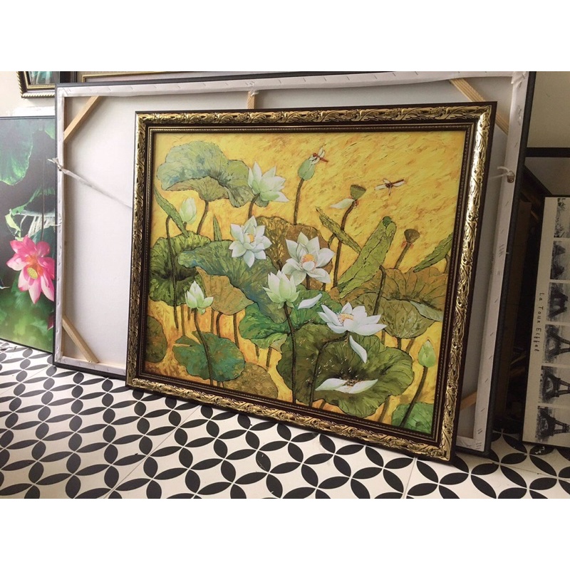 (Mới) Tranh in hoa sen trắng 80x95cm,in vải canvas đủ khung như hình