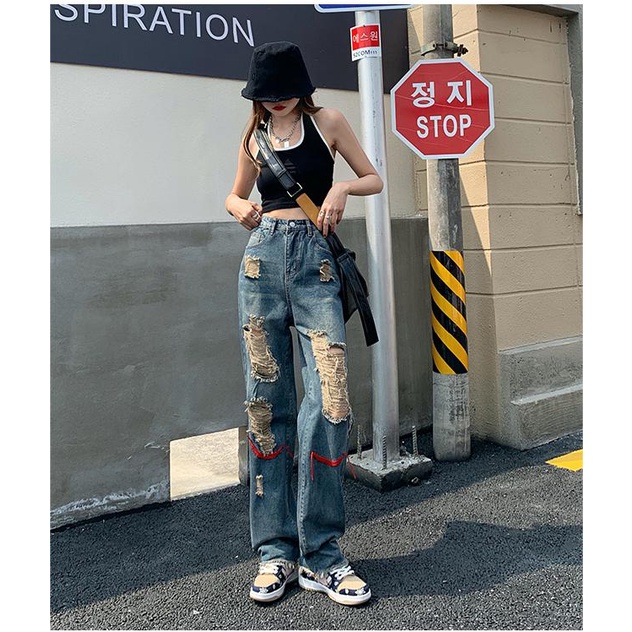 TINGYAXIU Thời trang cao eo nữ quần thủng lỗ quần ăn xin quần