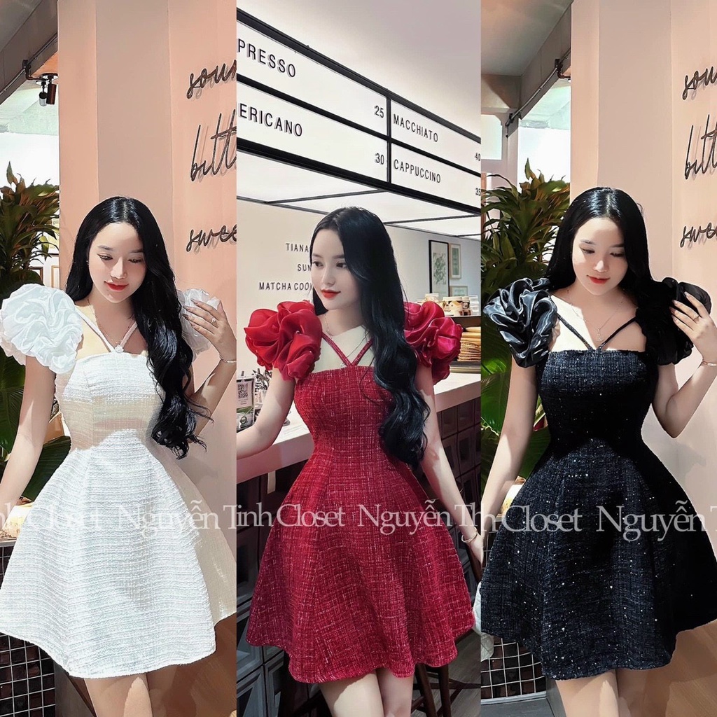 Đầm vải dạ kim tuyến tay bồng bênh cổ vuông dây chéo chữ X ôm body ngắn xòe