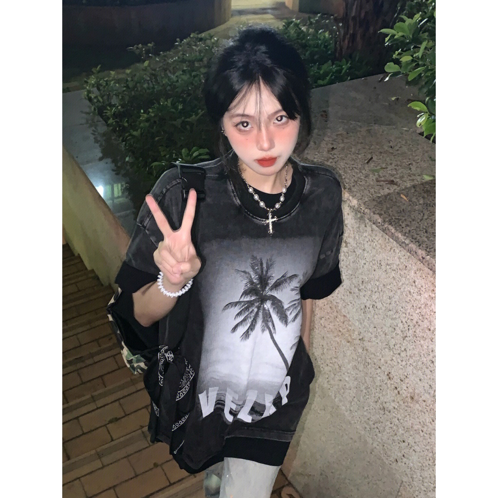 「 WELOVE1 」Áo Thun Tay Ngắn Cổ Tròn Dáng Rộng In Họa Tiết Cổ Điển Phong Cách Mỹ Thời Trang Cho Nữ