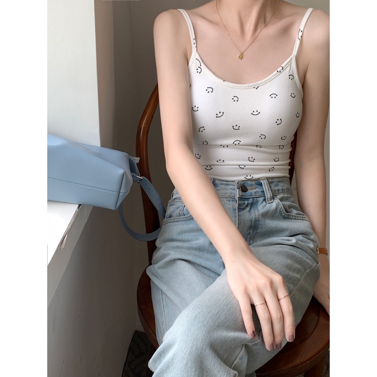 QKOOLE Áo Croptop Hai Dây Không Tay In Hình Mặt Cười Màu Hồng Cho Nữ