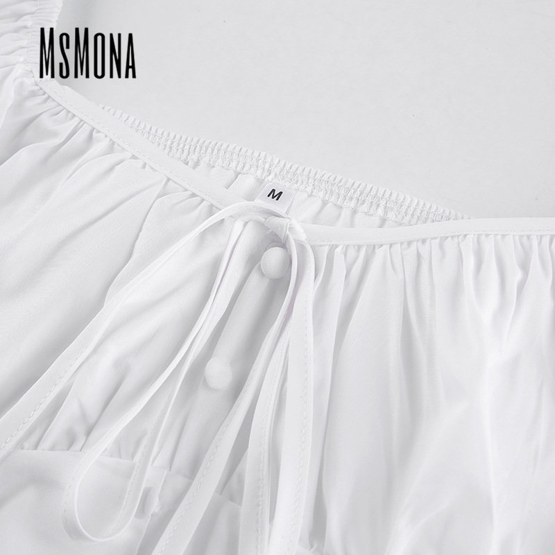 MsMona Áo Kiểu Cổ Vuông Tay Phồng Màu Trơn Đính Nơ Thời Trang 2023 Cho Nữ