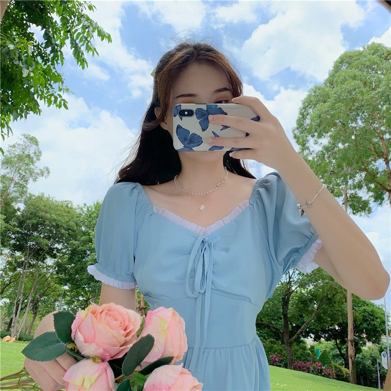 Happy-store ❤️ Pháp siêu khí chất cổ tích váy dài vừa phải mùa hè của phụ nữ tay phồng eo eo cao thiết kế màu trơn