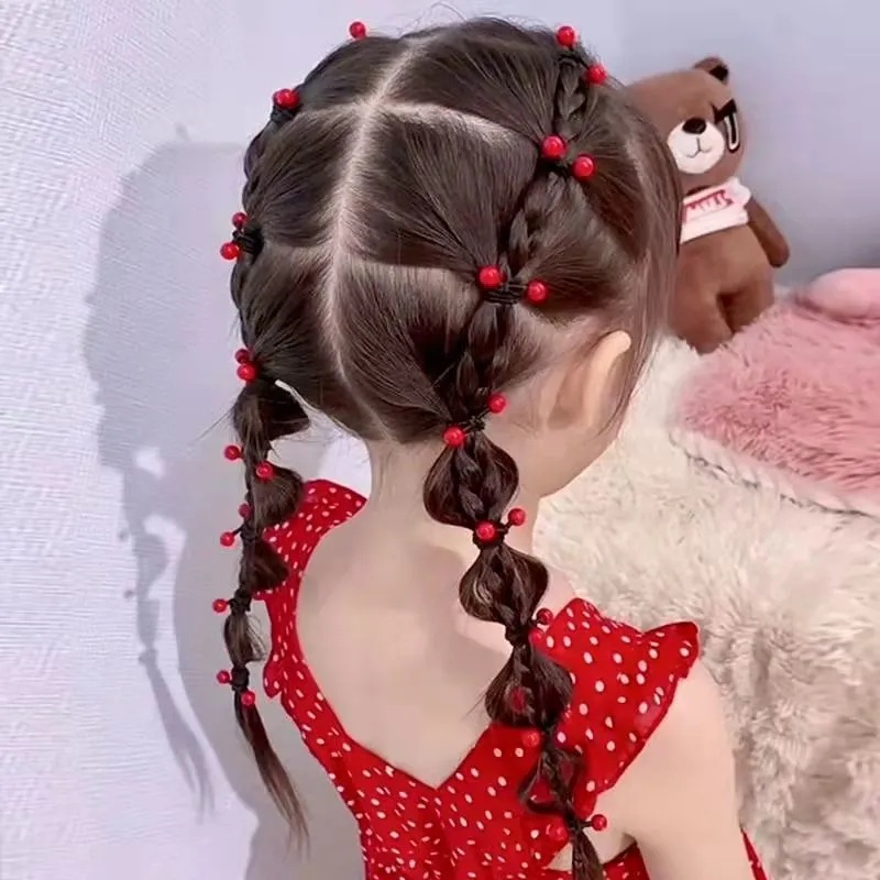Set 10 Dây Buộc Tóc Co Giãn Đính Hạt Đỏ Nhiều Màu Sắc Ngọt Ngào Cho Bé Gái