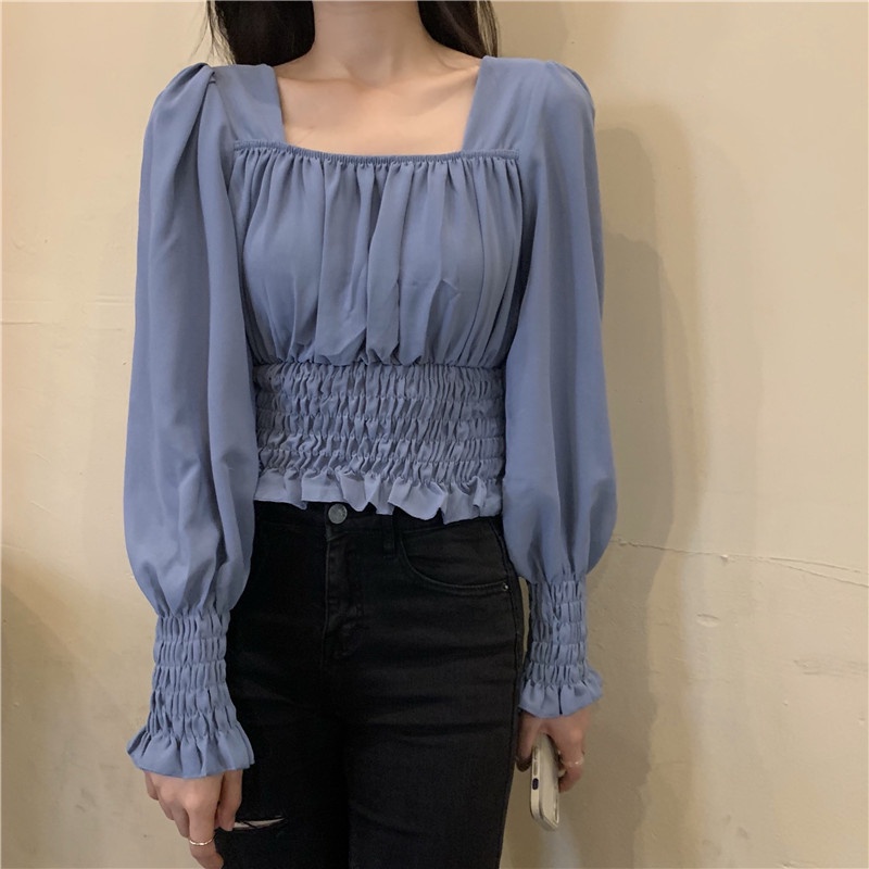 IELGY     Áo Cổ Vuông Phong Cách retro Pháp Thời Trang Cho Nữ