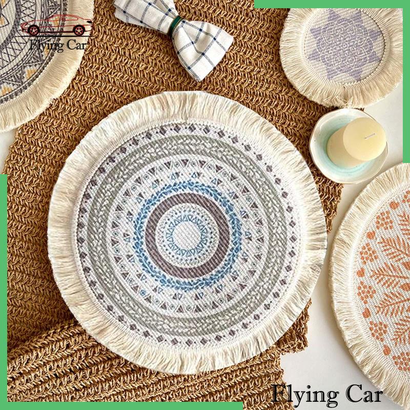 [Lzdjfmy2] Tấm Lót Tròn Đan Tay 33cm Phối Tua Rua Phong Cách Boho Trang Trí Bàn Nhà Bếp