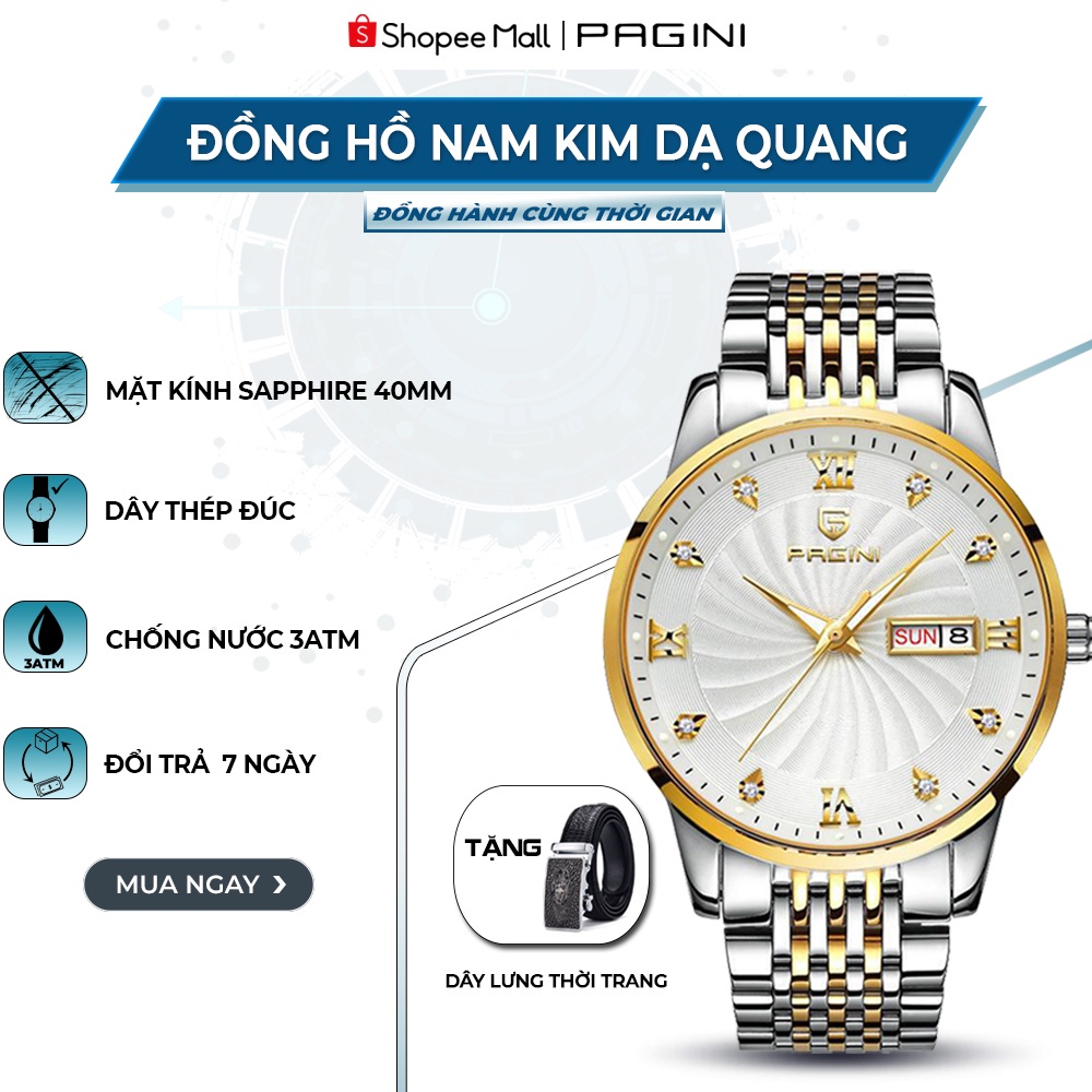 Đồng Hồ Nam PAGINI PA5588 Dây Thép Không Gỉ Cao Cấp Mặt Đính Đá -Kim Dạ Quang- Hiển Thị Ngày Tháng - Bảo Hành 12 Tháng