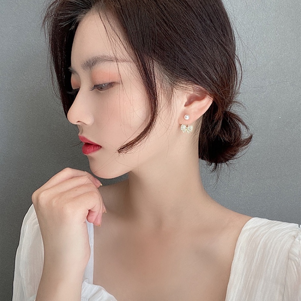 Bông Tai Mạ Bạc 925 Hình Nơ Đính Ngọc Trai Đơn Giản Yueyuexbj02