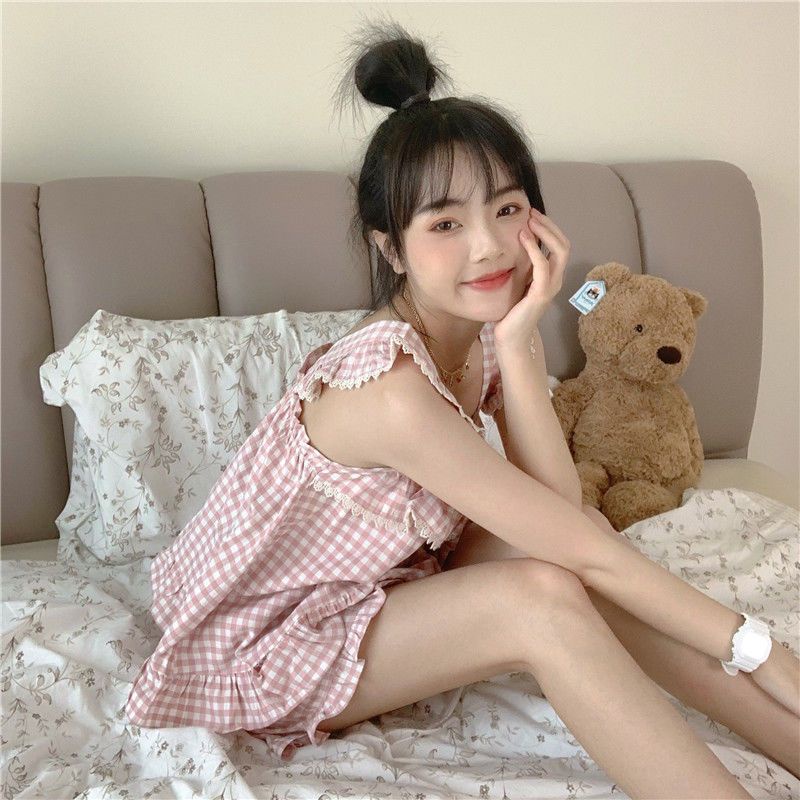 Jiashucheng Bộ Đồ Ngủ Áo Hai Dây Phối Quần Short Họa Tiết Caro Dễ Thương Thời Trang Mùa Hè Cho Bạn Gái