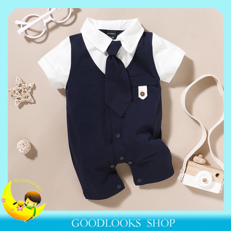 Bộ Áo Liền Quần Giả Vest Phối Cà Vạt Dễ Thương Cho Bé Trai