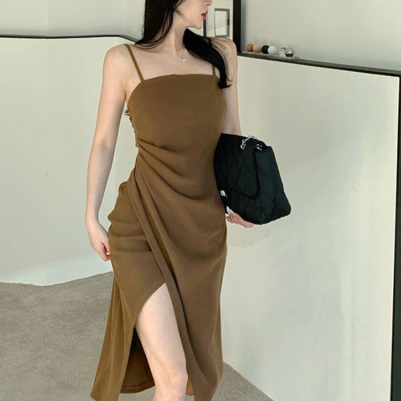 Đầm XINLANYASHE hai dây dáng ôm xẻ tà chiết eo kiểu Hàn Quốc dành cho nữ