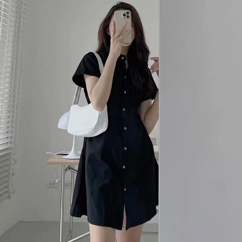 Đầm sơ mi big size cổ đức dáng dài, Váy nữ basic nhiều màu lưng chun ulzzang phong cách hàn quốc