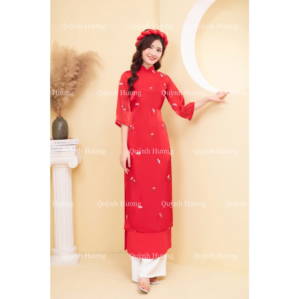 Áo dài voan tơ thêu hoa màu đỏ tay lỡ siêu xinh by Quỳnh Hương